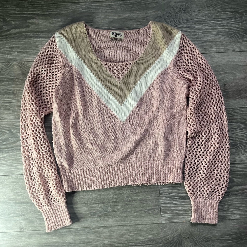 Show Me Your Mumu Pink Brown Knit Crochet Bubbly Sleeve V Neck Sweater Size S